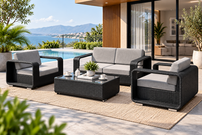 5 Piece Outdoor Patio Furniture Set | Wicker Sofa, Chairs & Coffee Table