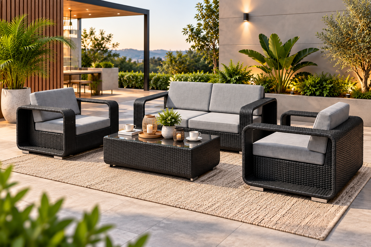 5 Piece Outdoor Patio Furniture Set | Wicker Sofa, Chairs & Coffee Table