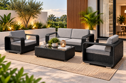 5 Piece Outdoor Patio Furniture Set | Wicker Sofa, Chairs & Coffee Table