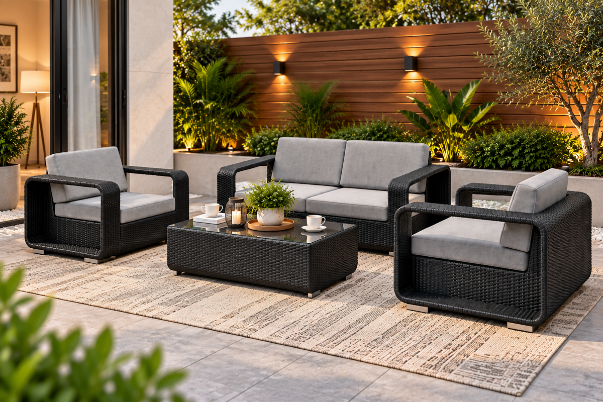 5 Piece Outdoor Patio Furniture Set | Wicker Sofa, Chairs & Coffee Table