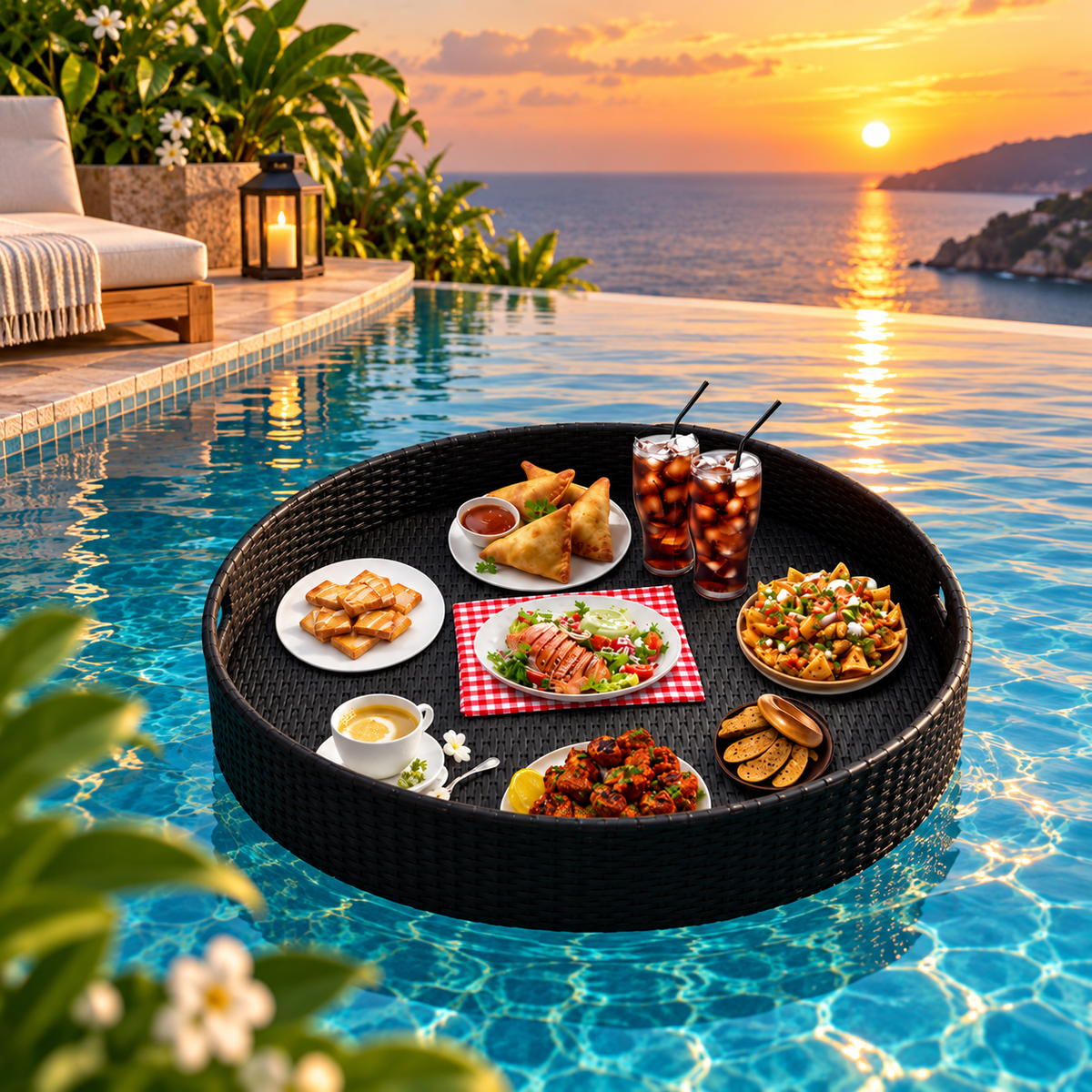 Round Floating Pool Tray | Woven Outdoor Food & Drink Serving Tray