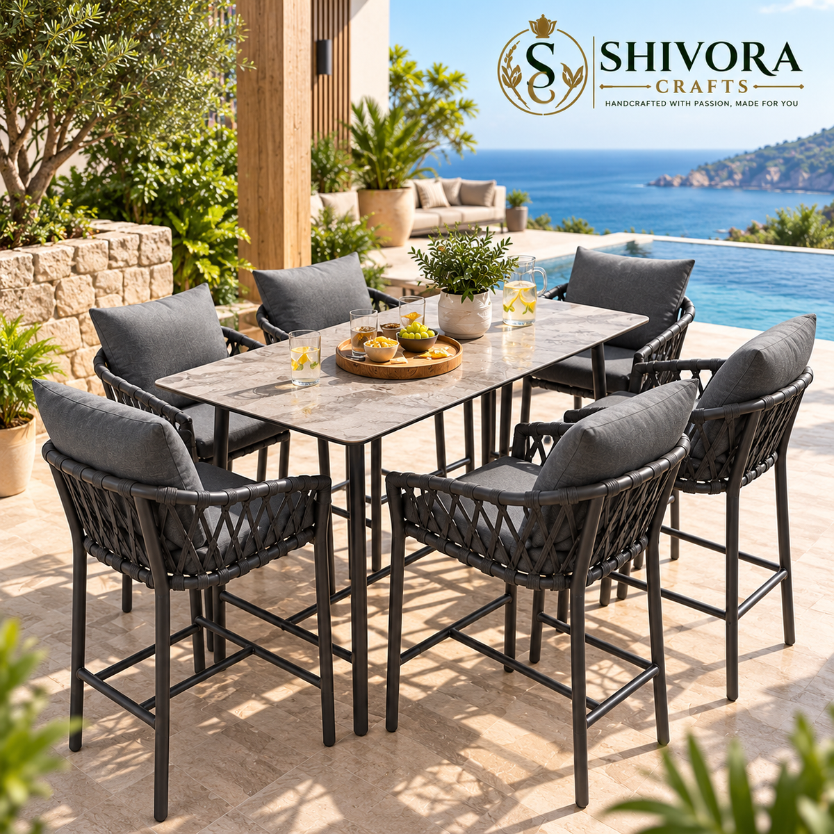 Luxury Outdoor Patio Dining Set with Woven Chairs & Dining Table