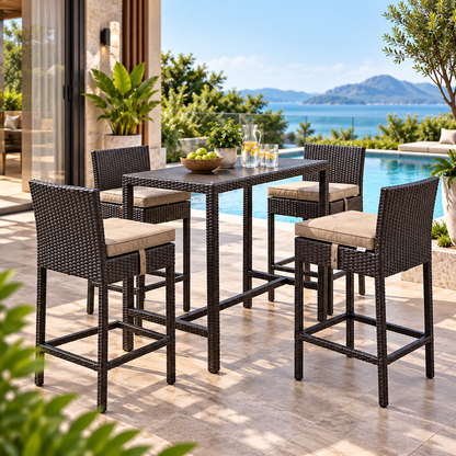 Outdoor Wicker Bar Table Set with 4 Counter Height Chairs