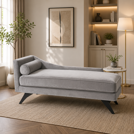 Modern Chaise Lounge Sofa with Bolster Pillow & Slanted Legs