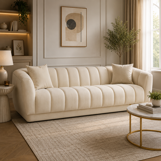 Modern Channel Tufted Sofa with Curved Arms & Accent Pillows