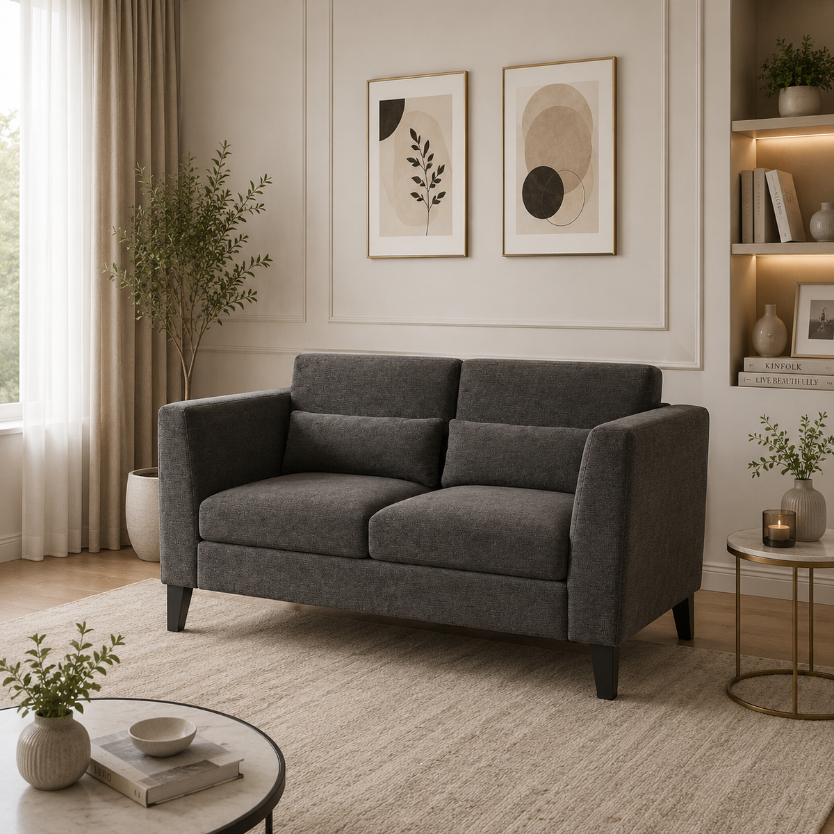Modern 2 Seater Sofa with Cushioned Backrest & Wooden Legs