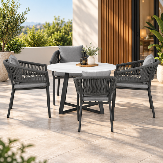 4-Seater Woven Outdoor Dining Set – Round Patio Table & 4 Armchairs