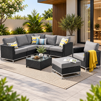 6-Piece Outdoor Patio Seating Set | Sectional Sofa, Lounge Chair, Ottoman & Coffee Table