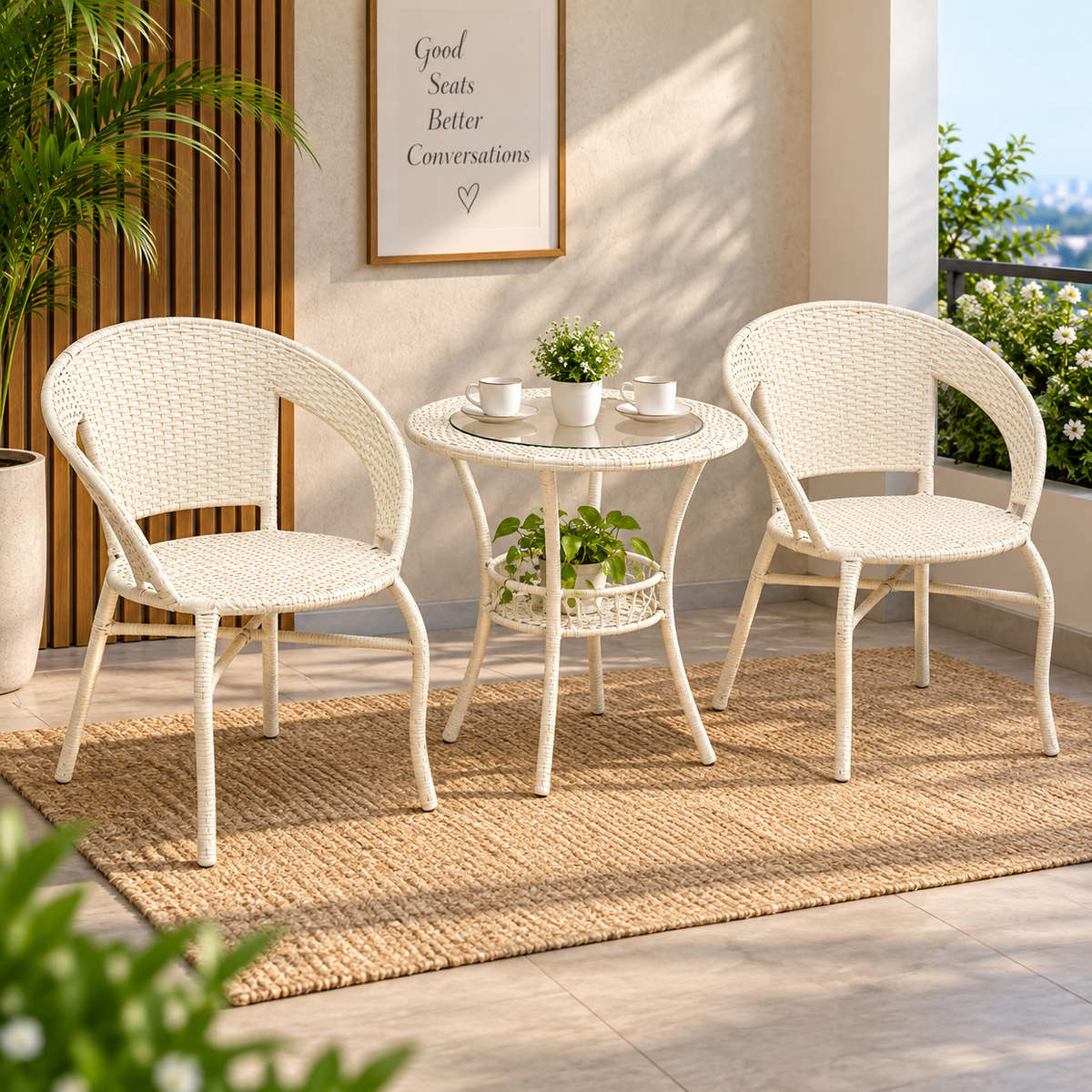 3-Piece Woven Bistro Dining Set with 2 Chairs & Round Glass Table