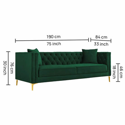 Luxury 3-Seater Green Tufted Upholstered Sofa with Gold Legs
