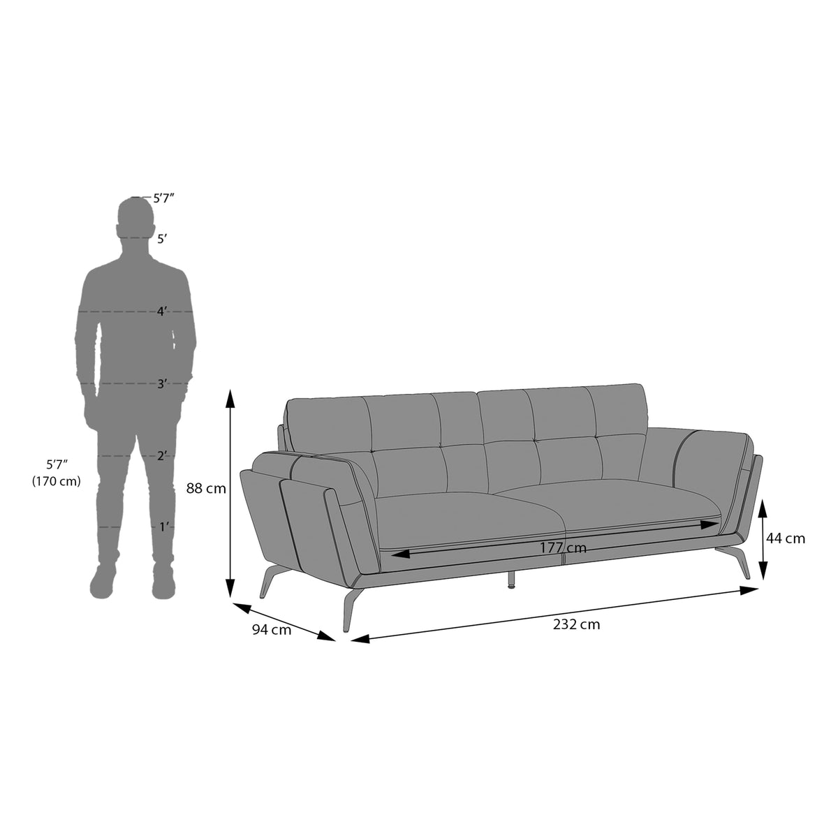 Modern 3-Seater Upholstered Sofa with Tufted Back & Sleek Metal Legs