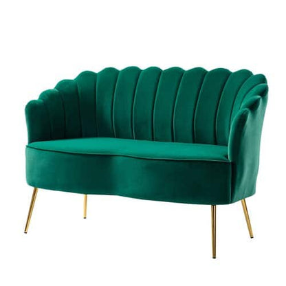 Emerald Green Velvet 2 Seater Sofa | Channel Tufted Gold Leg Sofa- Shivora Crafts