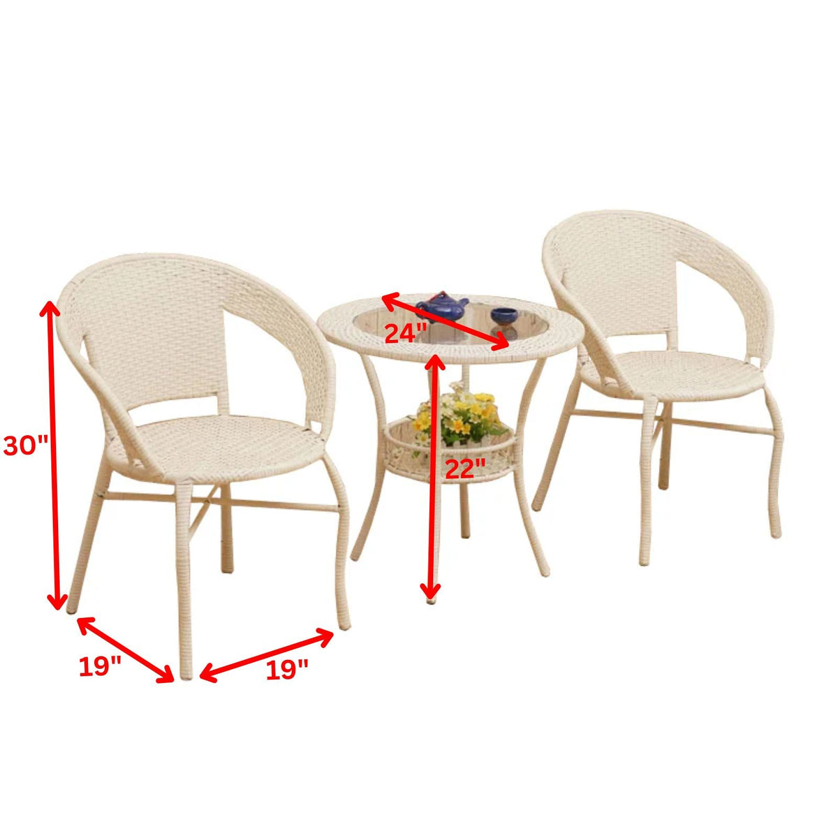 3-Piece Woven Bistro Dining Set with 2 Chairs & Round Glass Table