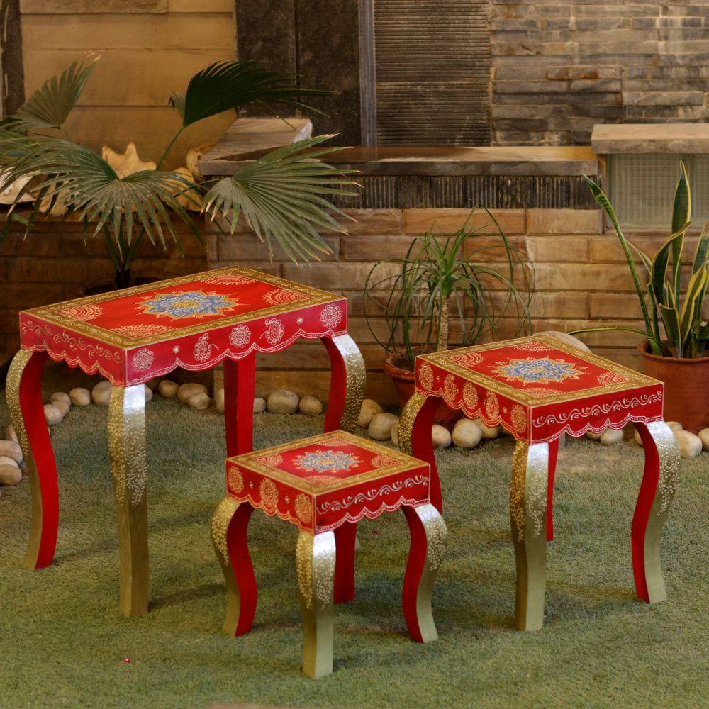 Handcrafted Wooden Hand-Painted Stools (Red, Set of 3) – Premium Nesting Side Stool Set