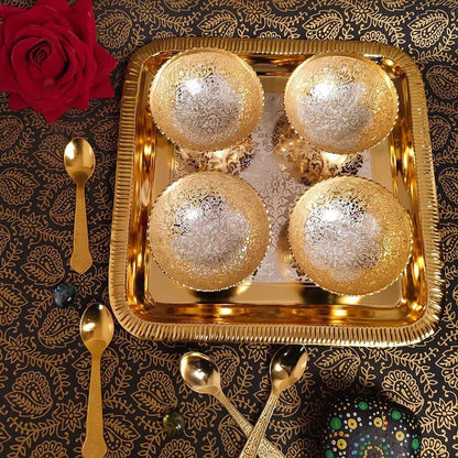 4 Pcs Dinner Bowl Set with Spoon & Tray – Handcrafted Traditional Dining Set