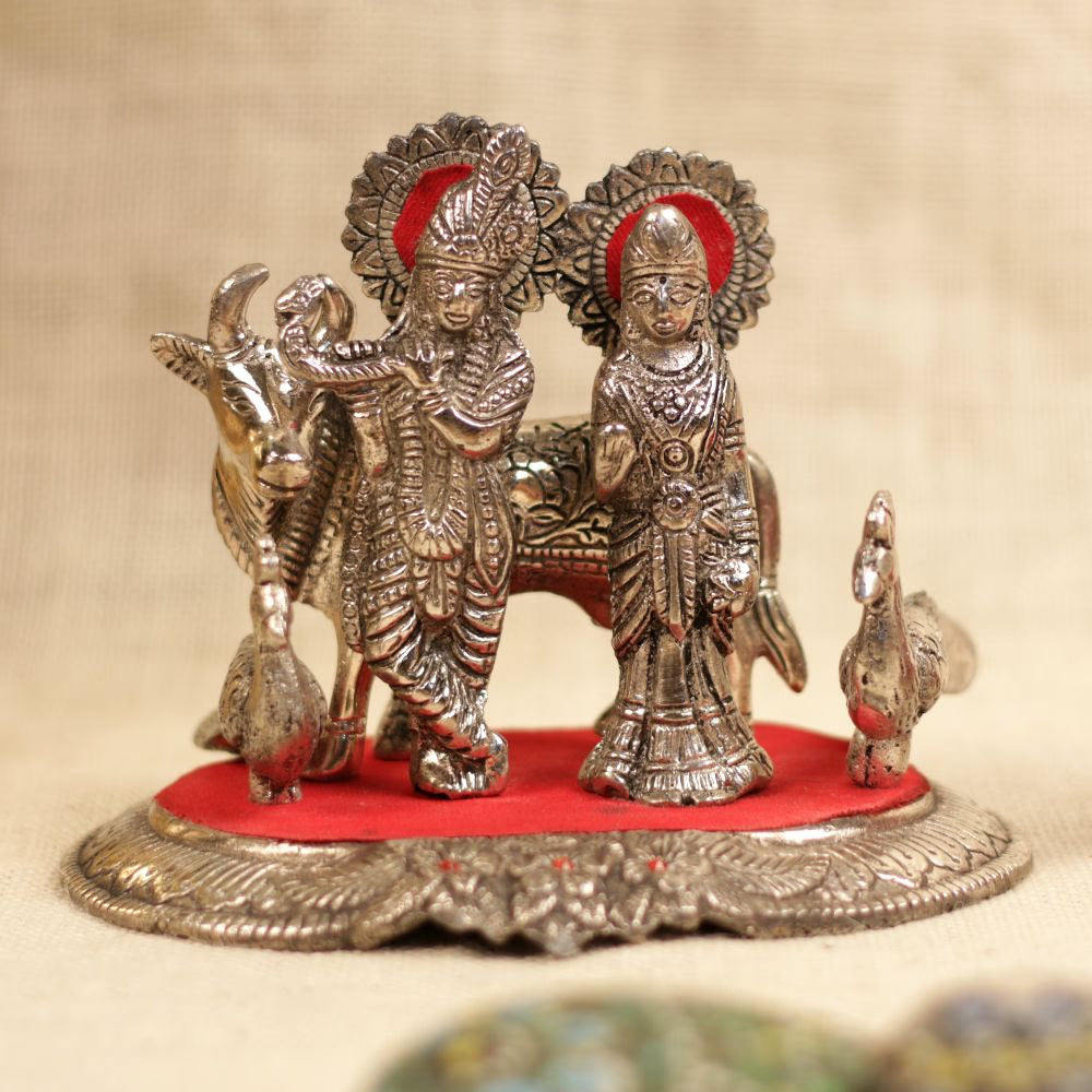 Metal Radha Krishna with Kamdhenu