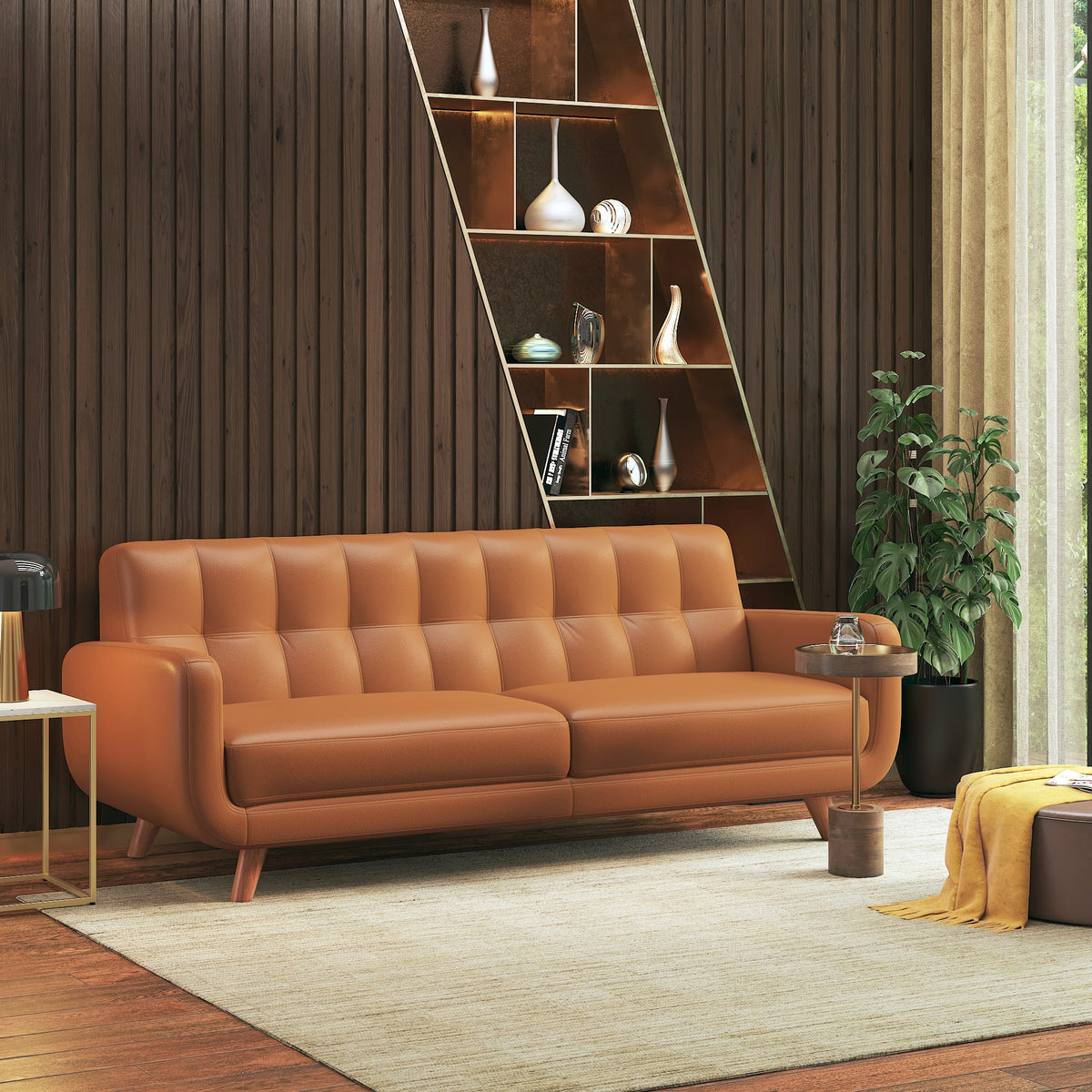 Modern 3-Seater Sofa with Channel Tufted Back & Wooden Legs