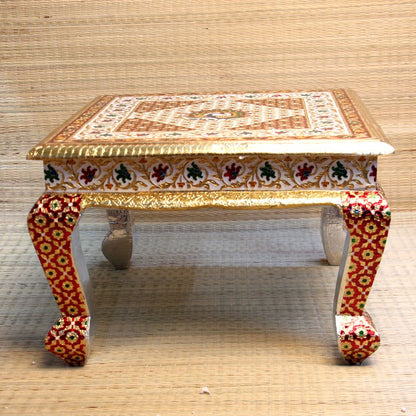 Wooden Printed Peacock Bajot Table 18x13 | Handcrafted Decorative Pooja Chowki | Traditional Wooden Platform for Home Temple & Festivals