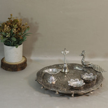 Metal Pooja Thali with Mor Design
