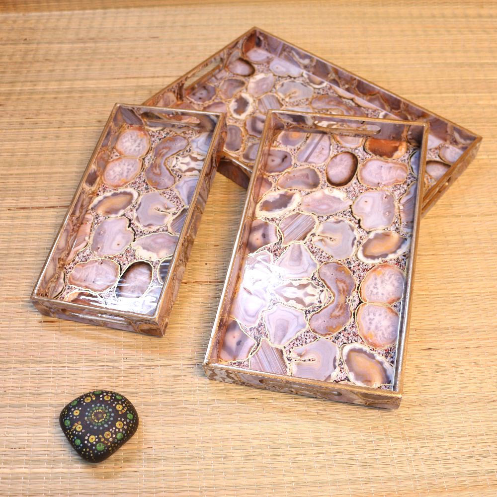 Handcrafted Wooden Painted MDF Golden Tray Set of 3 – Premium Decorative Serving Trays