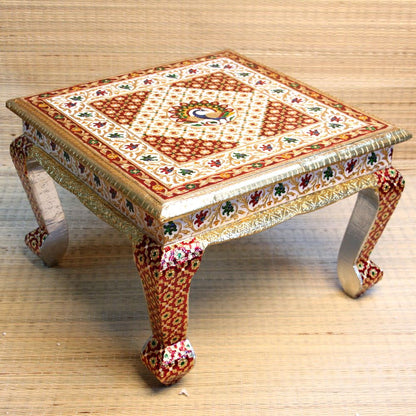 Wooden Printed Peacock Bajot Table 18x13 | Handcrafted Decorative Pooja Chowki | Traditional Wooden Platform for Home Temple & Festivals