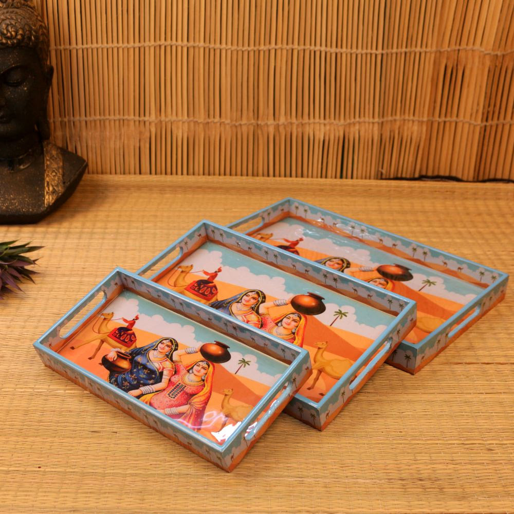 Wooden Rajasthani Printed Tray Set of 3