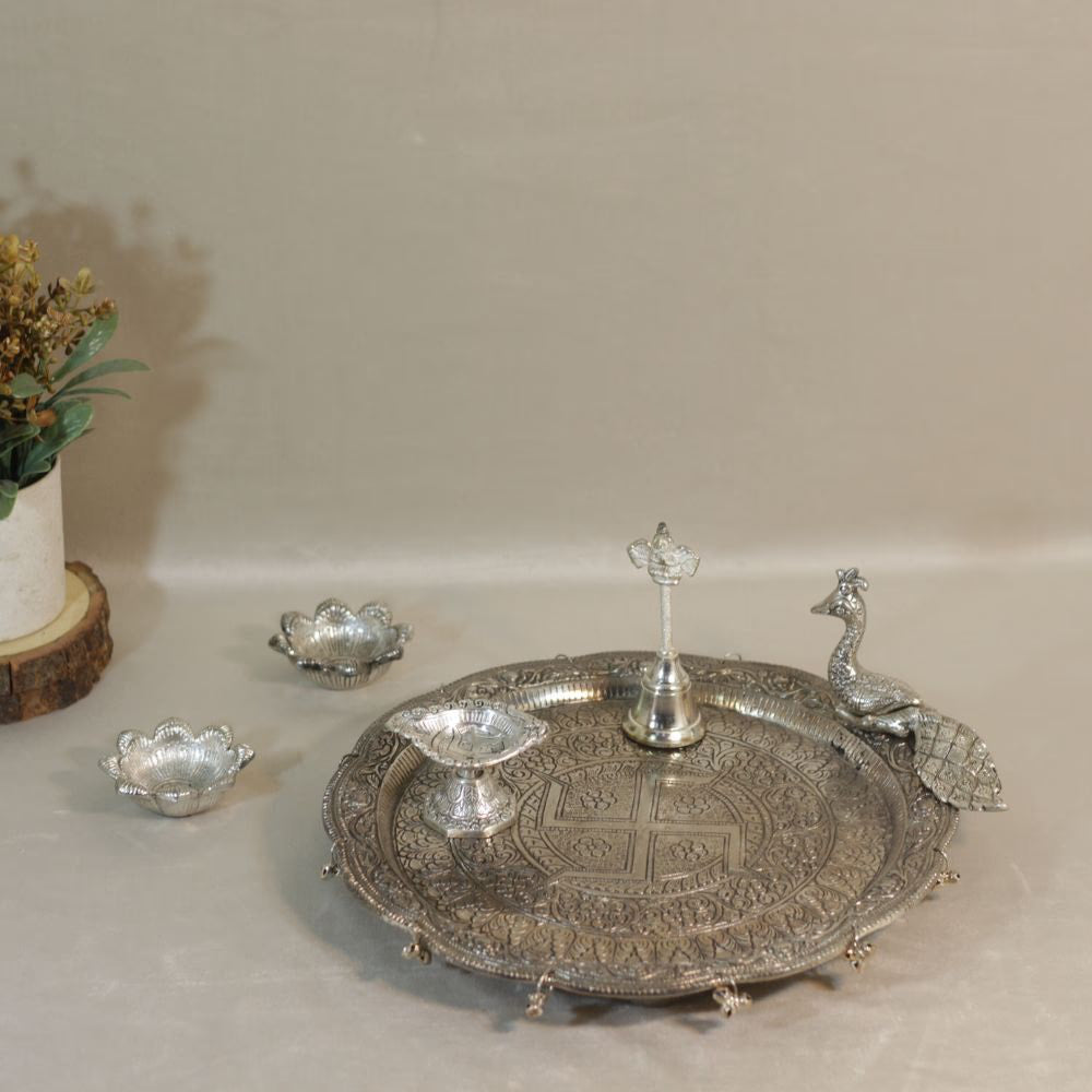 Metal Pooja Thali with Mor Design