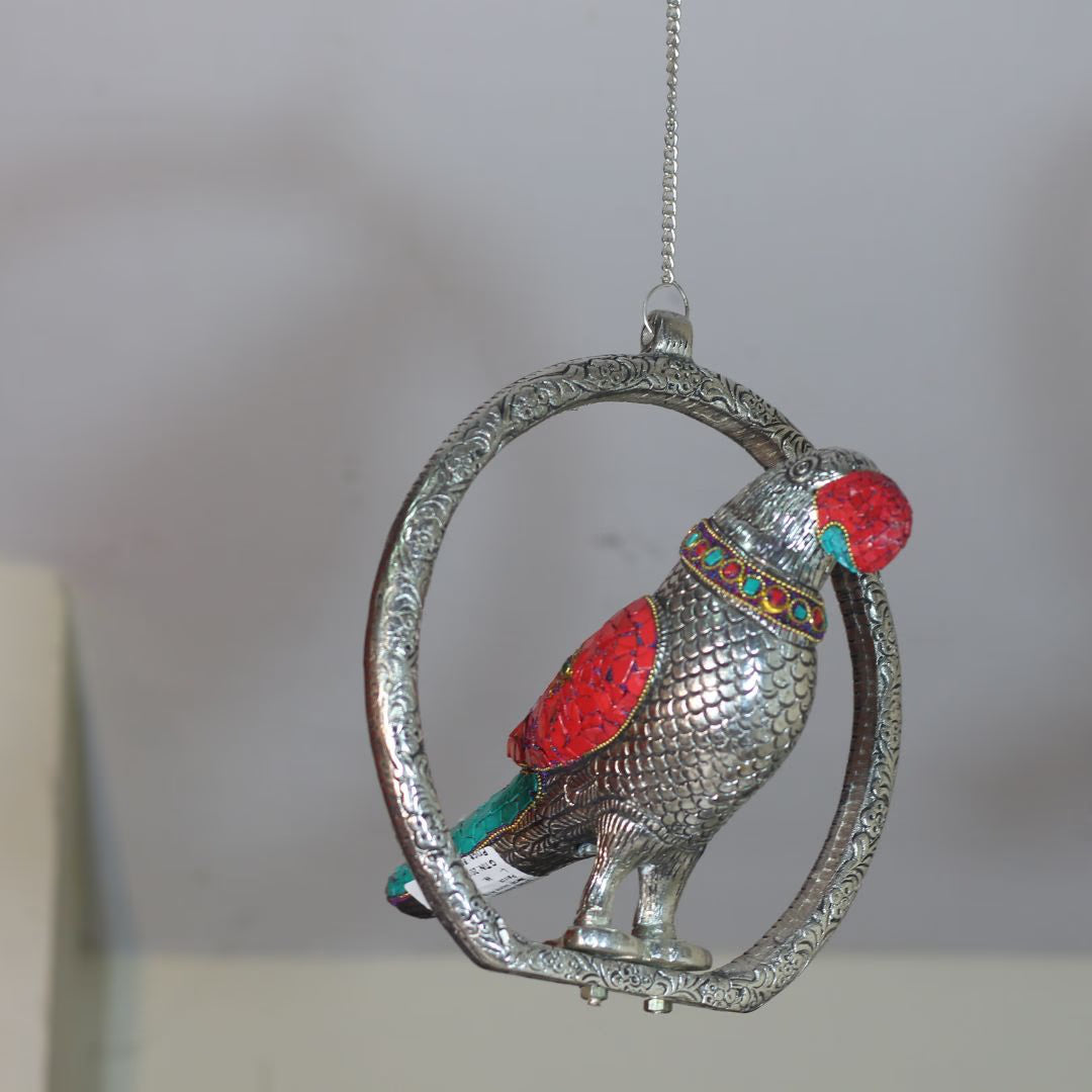 Metal Stone Ring Parrot Figurine — Handcrafted Decorative Showpiece
