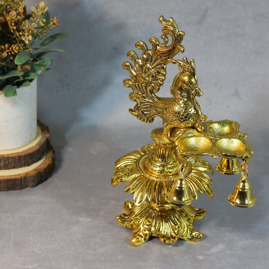 Metal 3 Diya Peacock Samai with Ghanti — Handcrafted Gold Finish Lamp Stand