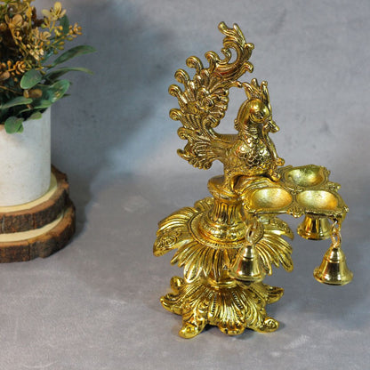 Metal 3 Diya Peacock Samai with Ghanti — Handcrafted Gold Finish Lamp Stand