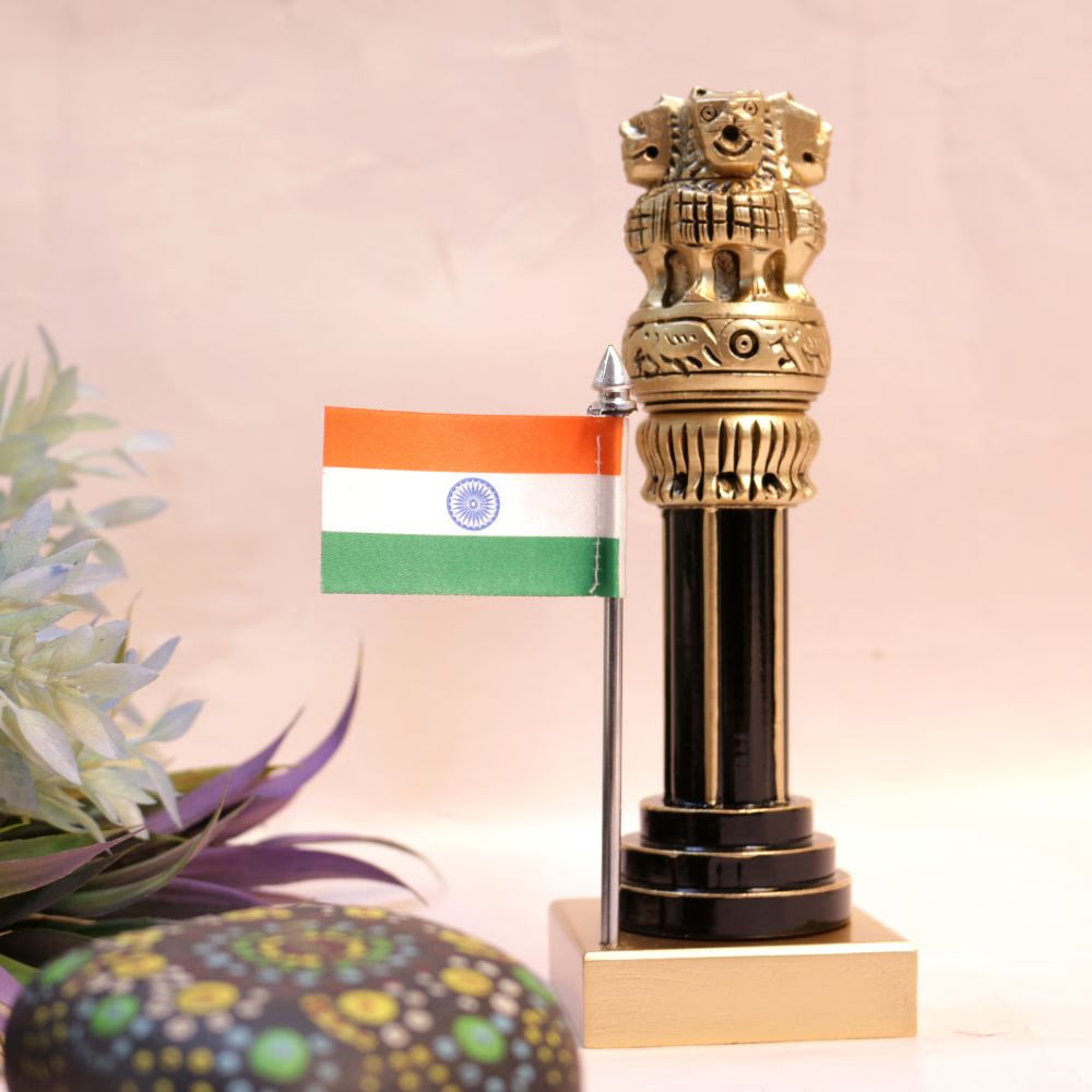 Wooden Ashok Pillar with Brass & Flag | 4 inches | Patriotic Decor & Gift