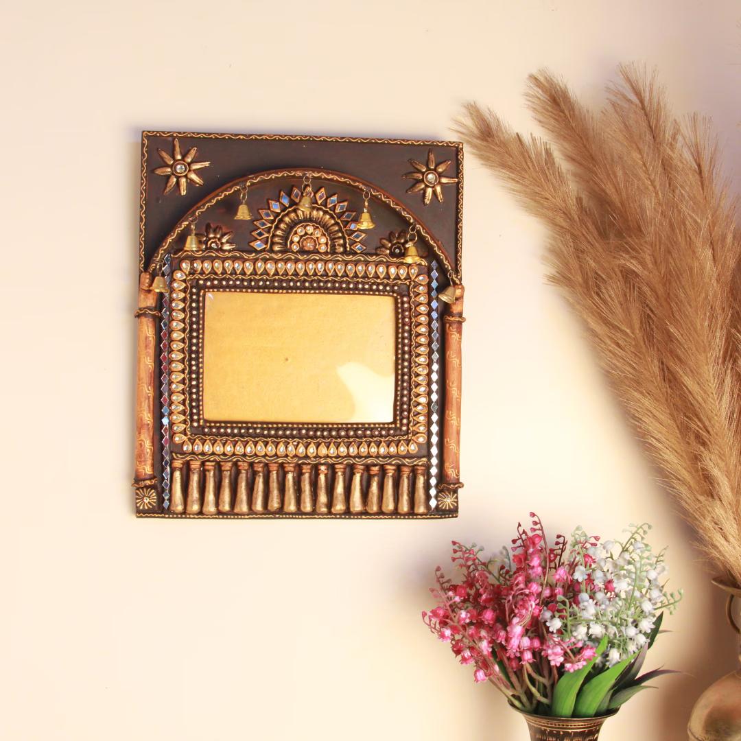 Wooden Kundan Photo Frame with 5 Bells — Handcrafted Decorative Picture Frame