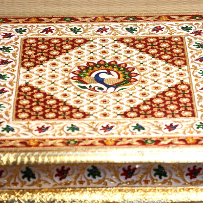 Wooden Printed Peacock Bajot Table 18x13 | Handcrafted Decorative Pooja Chowki | Traditional Wooden Platform for Home Temple & Festivals
