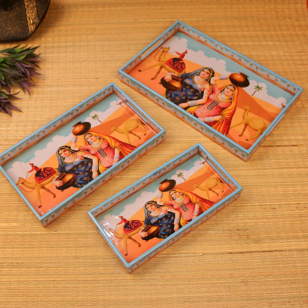 Wooden Rajasthani Printed Tray Set of 3