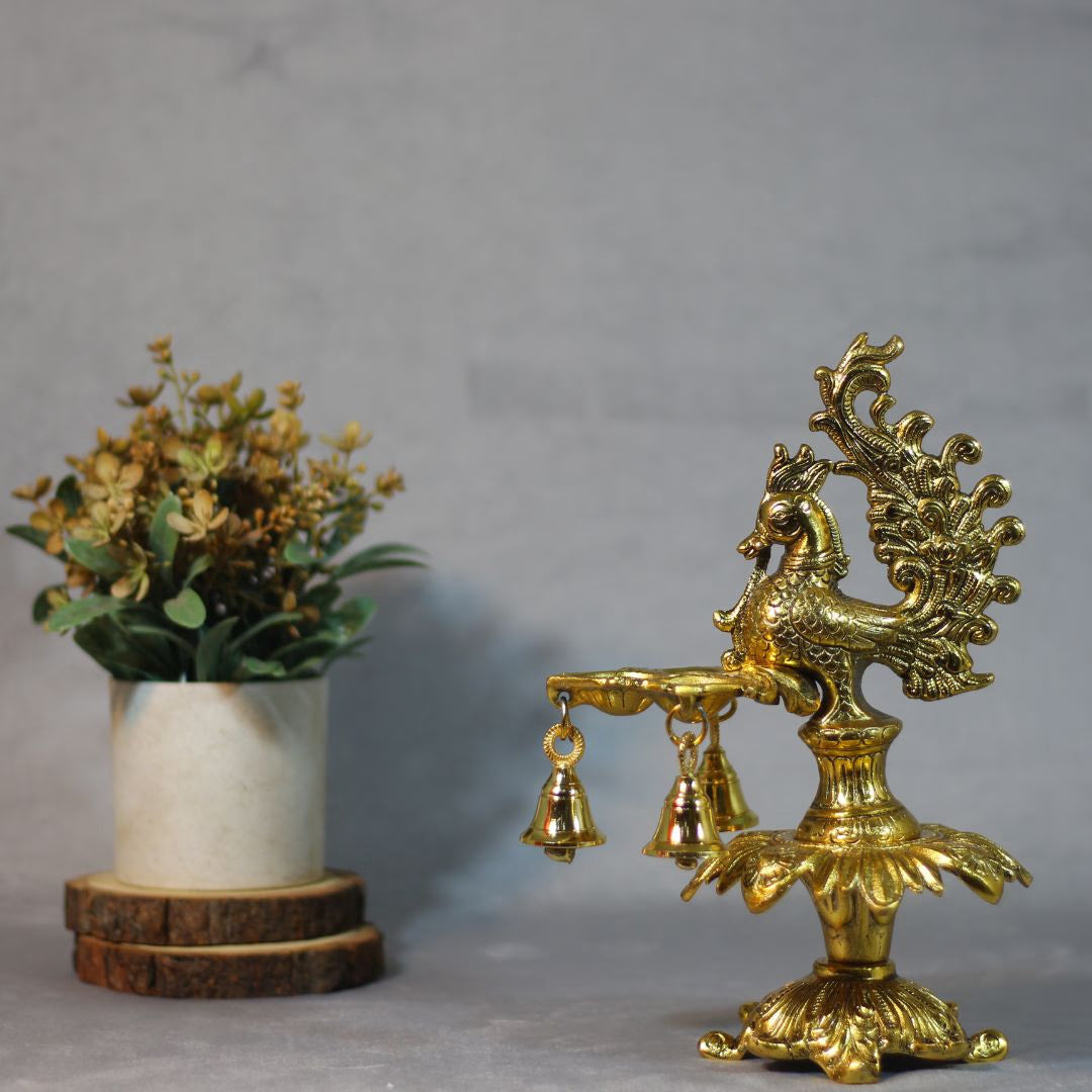 Metal 3 Diya Peacock Samai with Ghanti — Handcrafted Gold Finish Lamp Stand