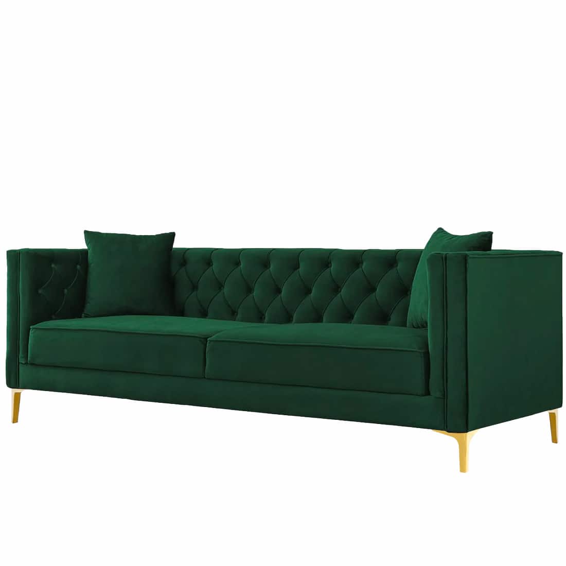 Luxury 3-Seater Green Tufted Upholstered Sofa with Gold Legs