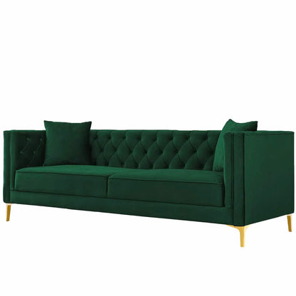 Luxury 3-Seater Green Tufted Upholstered Sofa with Gold Legs