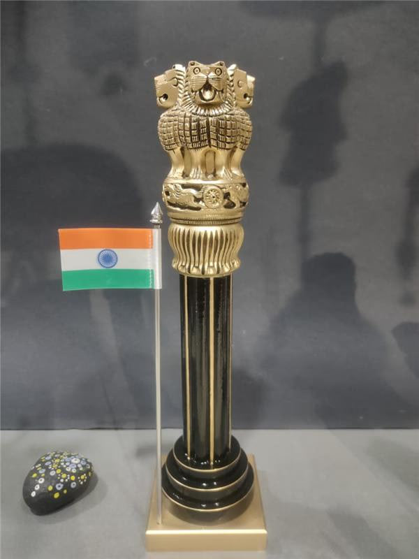 Wooden Ashok Pillar with Brass & Flag | 5 inches | Patriotic Decor & Corporate Gift