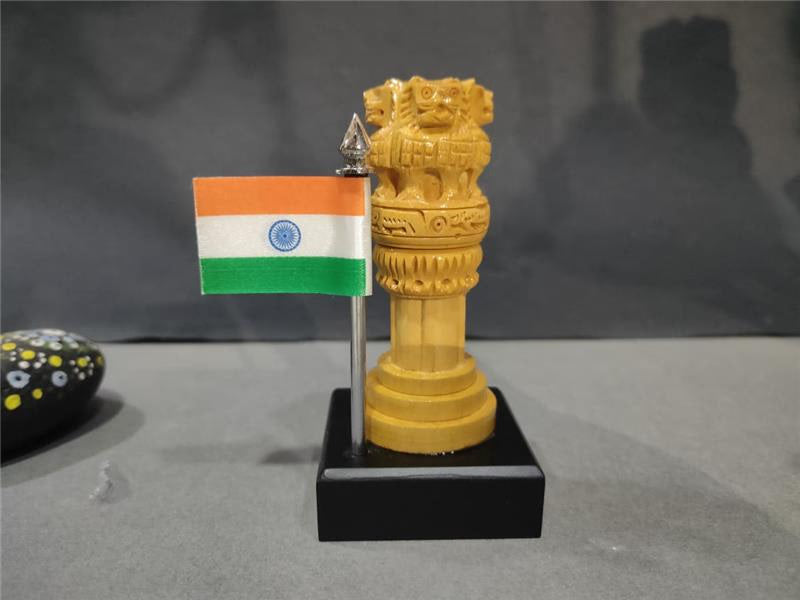 Wooden Ashok Pillar Natural Polish with Flag | 5 inches | Patriotic Decor & Gift