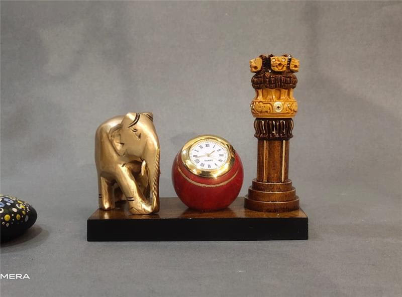 Brass Elephant Ashok Table Clock | Handcrafted Indian Decor & Gift