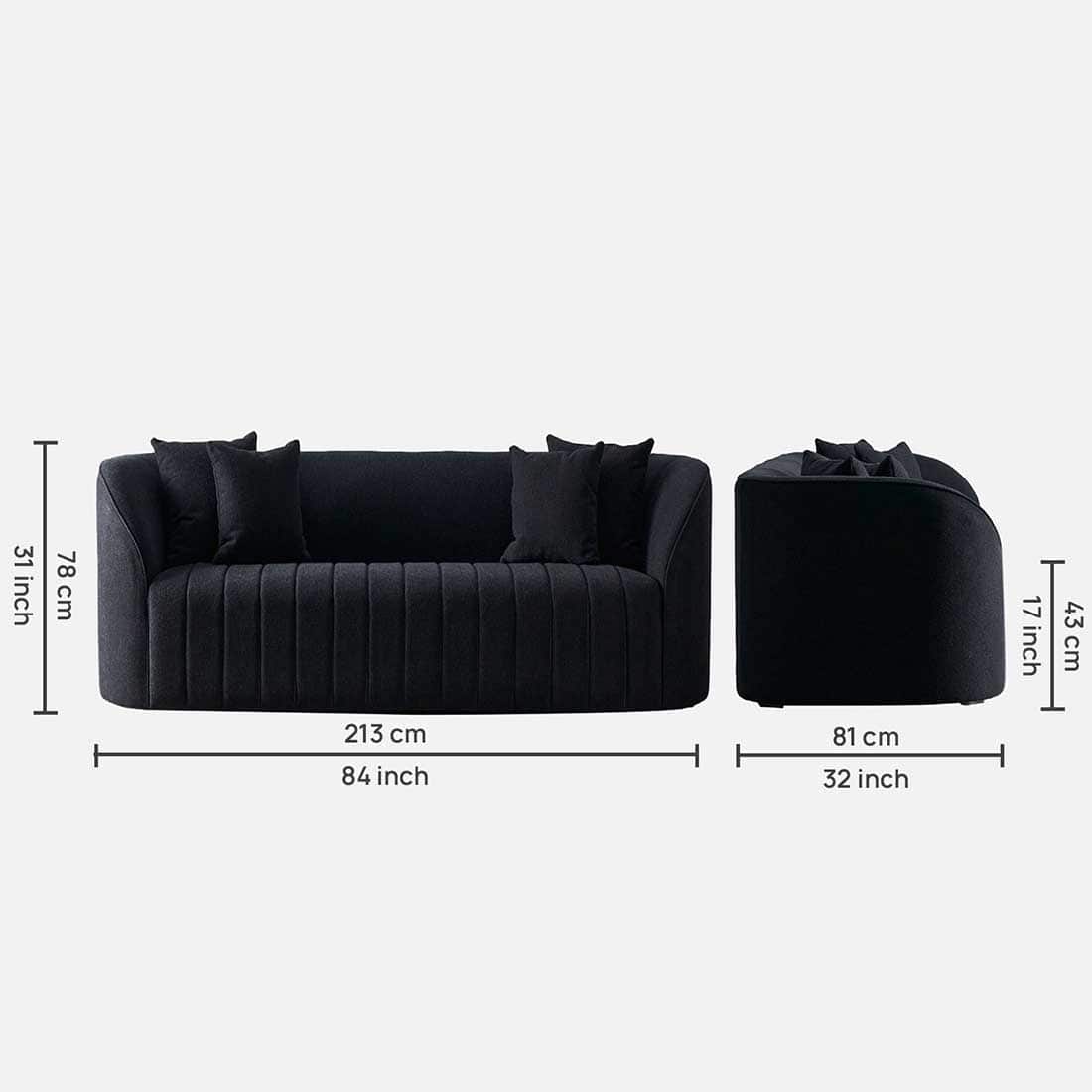 Modern Black 3 Seater Sofa | Vertical Channel Tufted Upholstered Sofa-Shivora Crafts