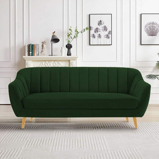 Modern 3-Seater Green Channel Tufted Upholstered Sofa with Wooden Legs -Shivora Crafts